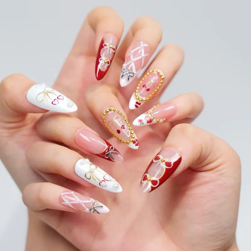 

10pcs Ladies Handmade False Nails Stickers Set Elegant Beauty Nail Art Wearing Armor 3D Gel Design Medium Long Style For Women