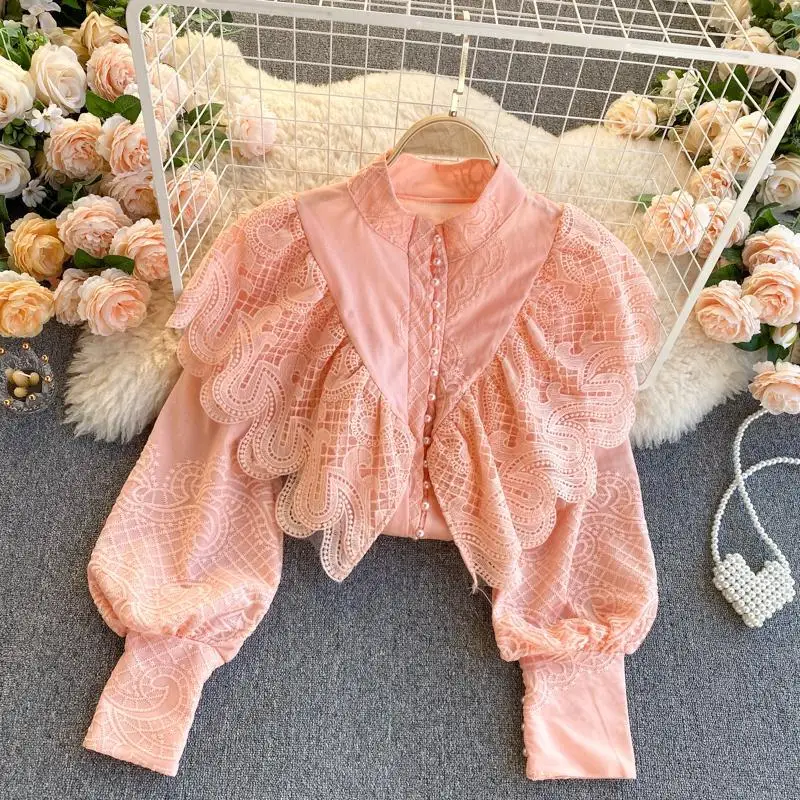 

Chic Vintage Lace Patchwork Ruffles Puff Sleeve Shirt Blusas Mujer De Moda 2024 Court Style Light Luxury Single-breasted Blouses