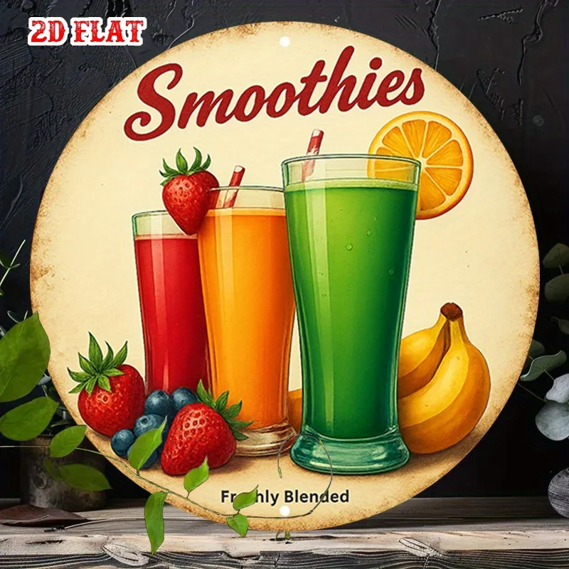 Letrero de aluminio redondo de batidos plano 2D, decoración de pared redonda de plátano, arte de pared de Metal rústico de jugo fresco, arte de pared de Metal de fresa, 1 ud.