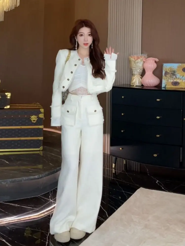 

High-End Two-Piece Set Small Fragrance Style Short Jacket Long High-Waist Wide-Leg Pants Women 2025 Spring Autumn New Suit