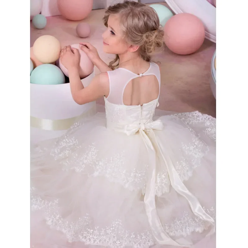 Ivory Tulle Lace Embroidery With Bow Belt Sleeveless For Wedding Birthday Banquet Holy Communion Gowns Flower Girl Dresses
