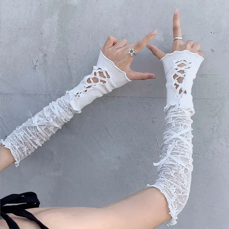 Lolita Sweet Girls Strapping Bow Fishnet Lace Fingerless Gloves Sexy Floral Sunscreen Oversleeve JK Gothic Elastic Mesh Handwear