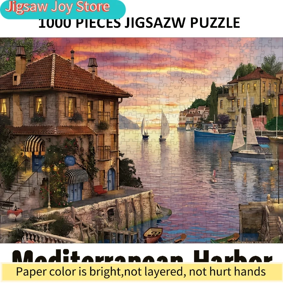 Adult Jigsaw Puzzle with Mediterranean Harbor Painting, Perfect for Easter, April Fool's Day, Independence Day, Friend's Birt