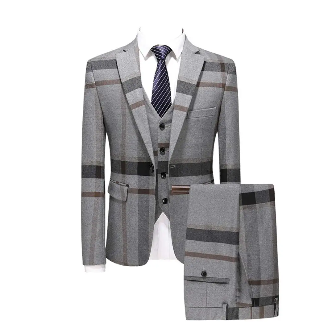 

Men's Checked Suit Three Pieces Set One Button Notch Lapel Business Casual Tuxedos