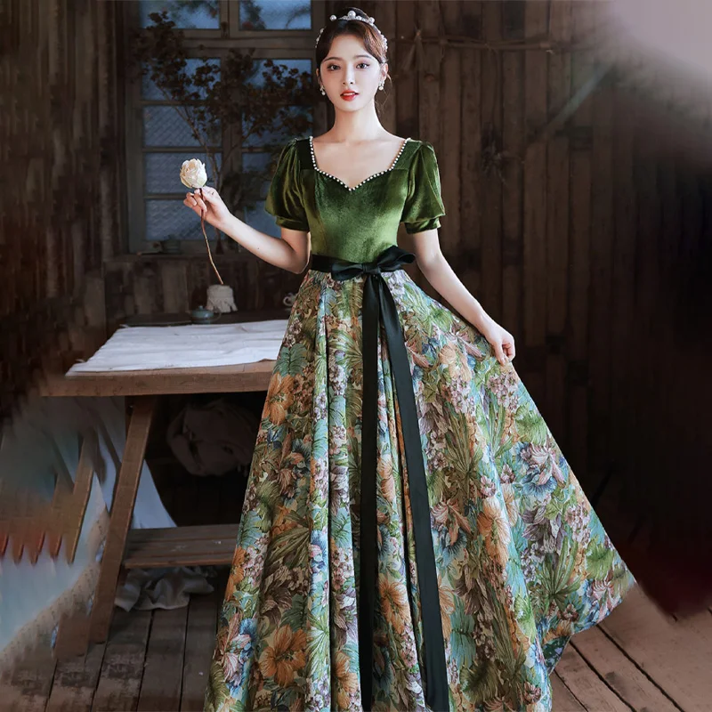 It's Yiiya Evening Dress Green Velvet Floral Square Collar Short Sleeves A-line Floor-length Plus size Women Party Formal Gown