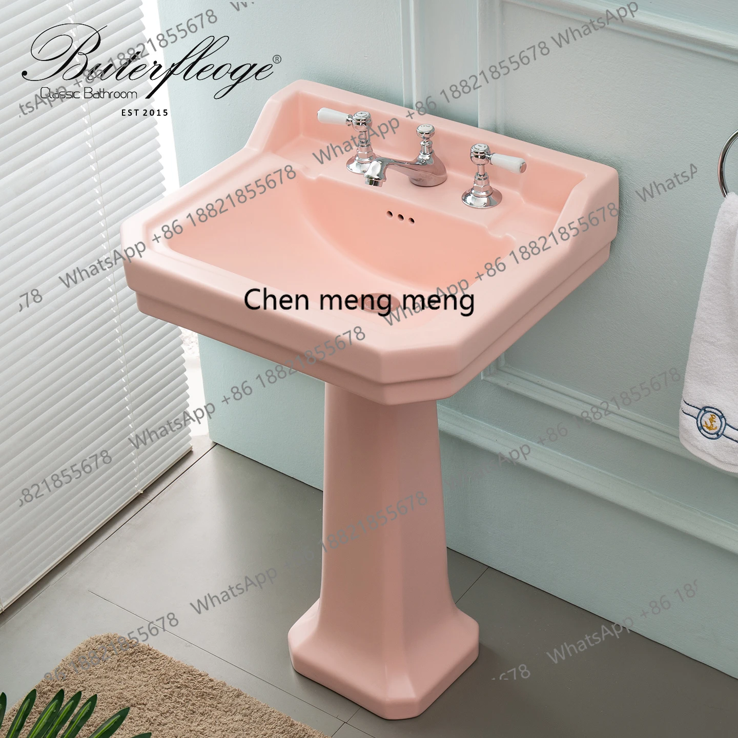 

British retro classical matte paint black ceramic column wash basin gold faucet