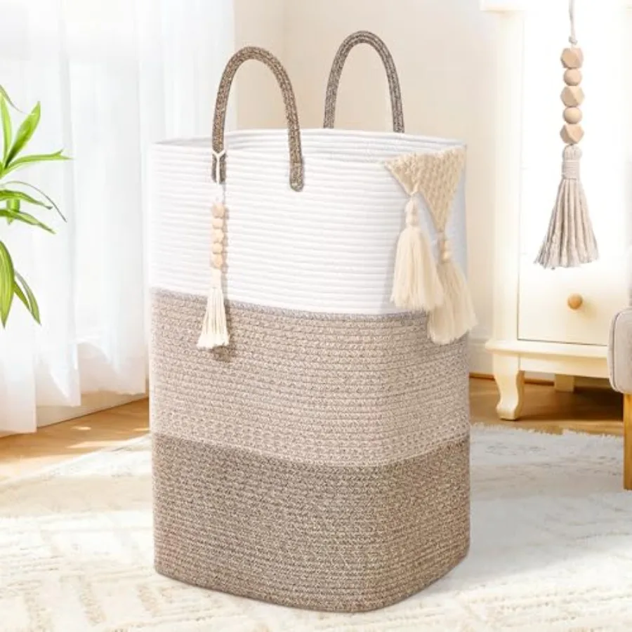 

Woven Laundry Basket for Clothes100 L Large Rectangle Laundry Hampers with Beads Tassel Nursery Storage Basket for Toys Tall Di