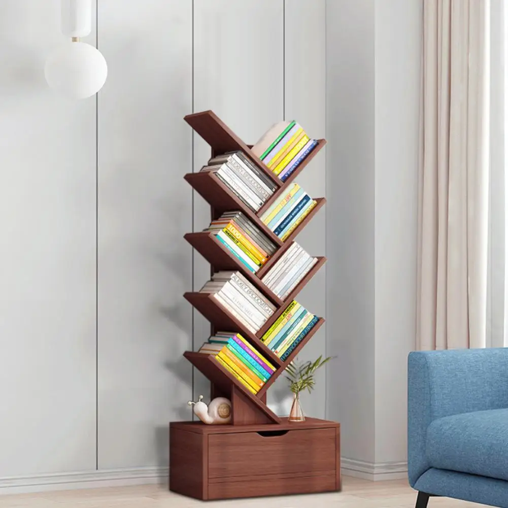 Bookshelf with Drawer, 9 Tiers Tree Bookshelf, Modern Book Storage Organizer, Free Standing Tree Bookcase, Utility Organizer She