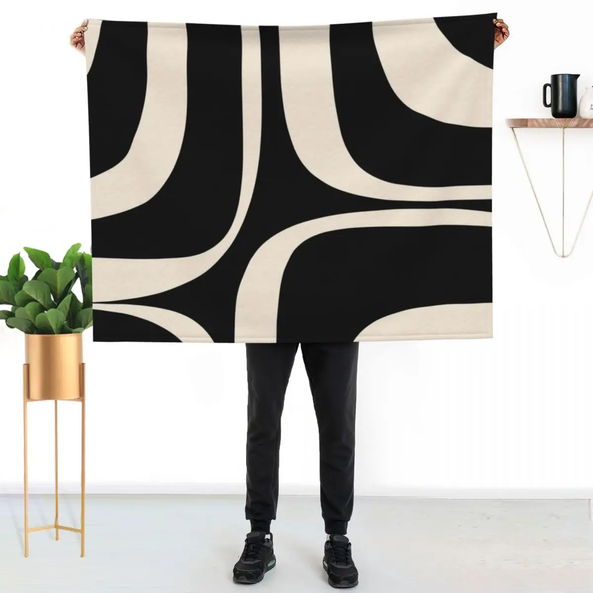 Retro Groove Abstract Minimal Pattern Black and Almond Cream Throw Blanket Sofa Quilt Comforter warm for winter Blankets