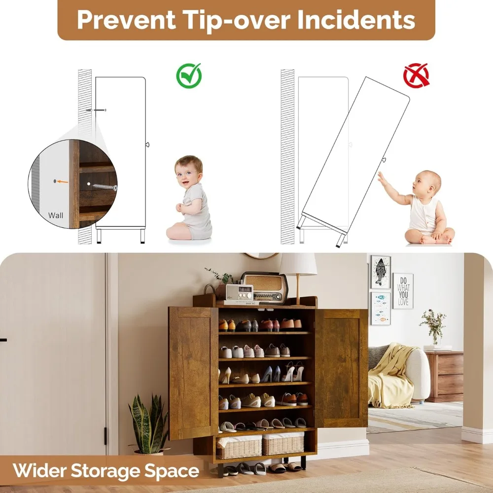 خزانة أحذية على طراز المزرعة مكونة من 6 طبقات مع أرفف قابلة للتعديل وأرجل معدنية لتخزين 18-24 زوجًا