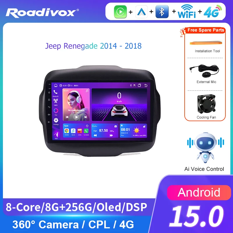 AI VOICE roadivox Android car radio for Jeep Renegade 2014 - 2018 stereo GPS Navigation video Multimedia Player tape