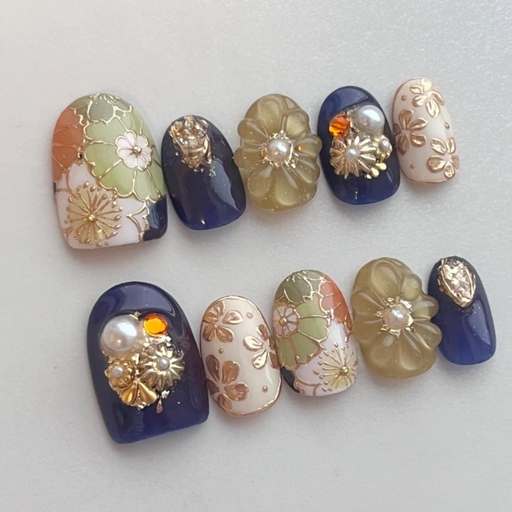 10 Uds. De manicura rosa hecha a mano, uñas postizas de invierno, uñas postizas de flores y perlas 3D, uñas cortas artísticas con juego de lima de uñas