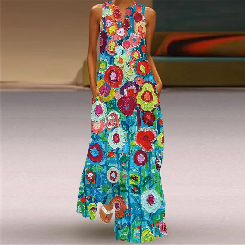 Retro Feest Stijl Gewaad Vakantie V-Kraag Sexy Zonnebloem Printing Jurken Elegante Vrouwen Boho Strand Faldas Largas Vestidos Mujer