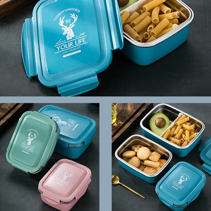 Mittagessen Boxen Edelstahl Kinder Lunch Box mit Fächer Bento Boxen Erwachsene Metall Frühstück Box Kindergarten Schule B03E – Detail 6
