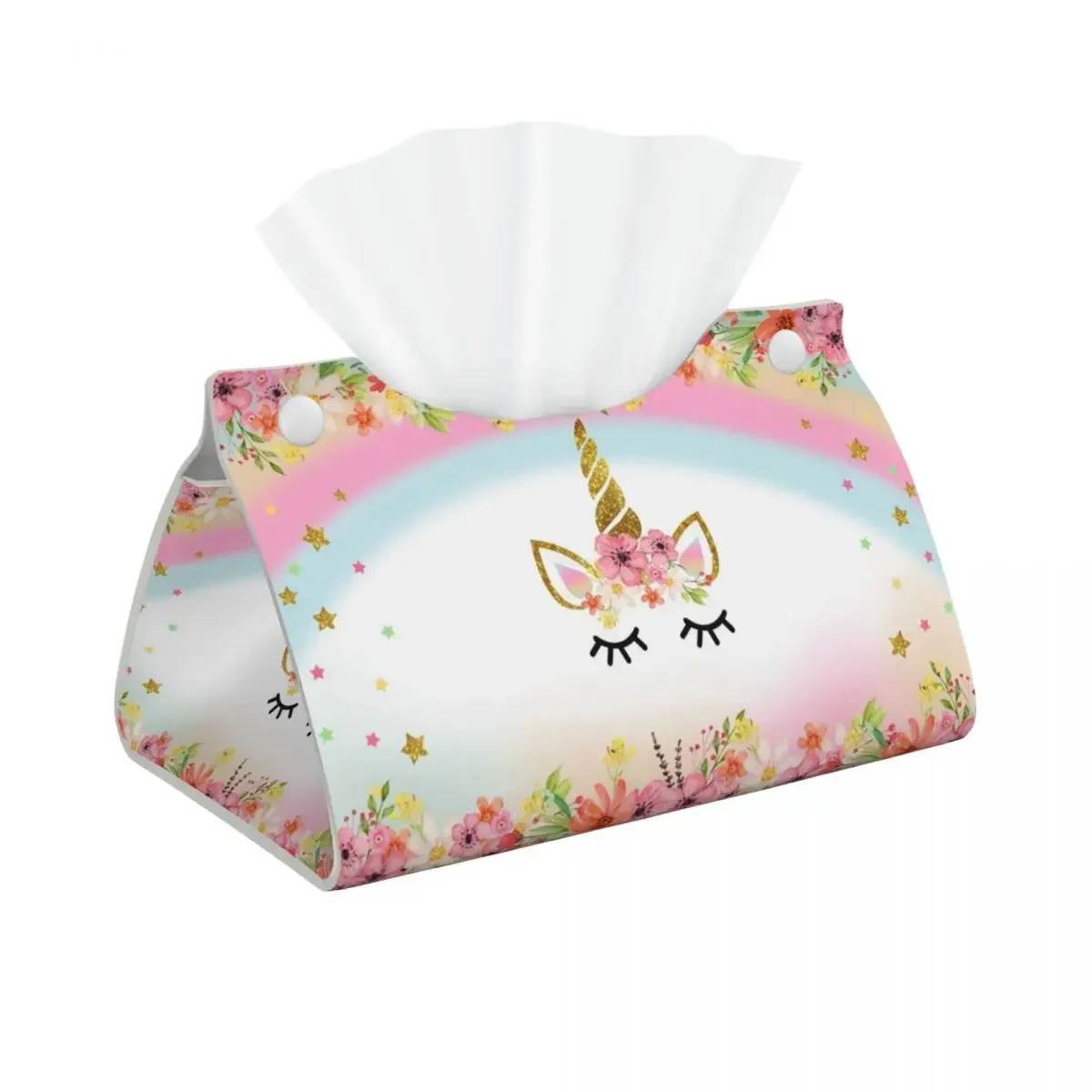 Custom Cartoon Rainbow Unicorn Tissue Box Cover PU Leather Rectangular Facial Tissues Holder for Home