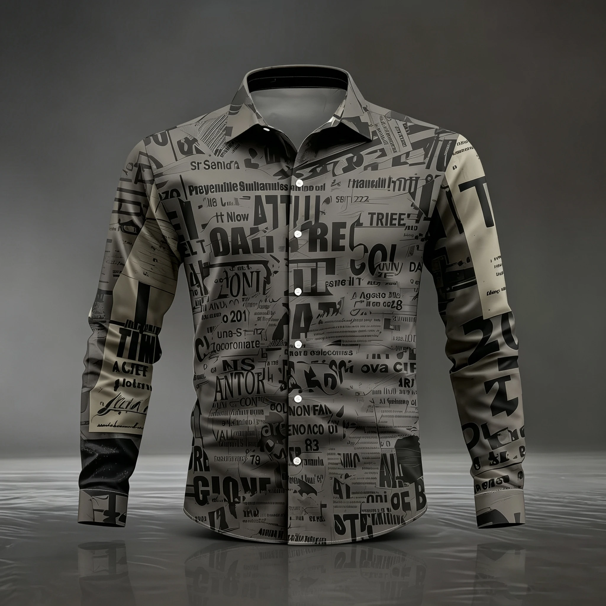 Retro newspaper print all-over English lettering men's long-sleeved shirt, mature and professional turn-down collar shirt.