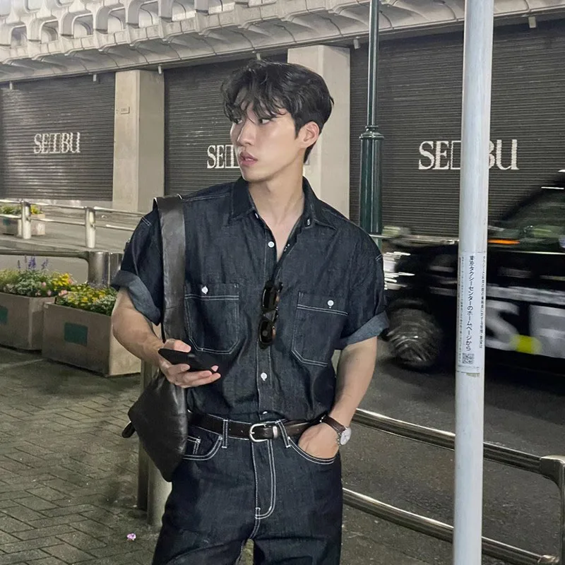 

Bla ort Sve Denim irt Vintage Waed Loose Fit Summer New Sle for Men Korean Sle Pointed Collar Button Detail