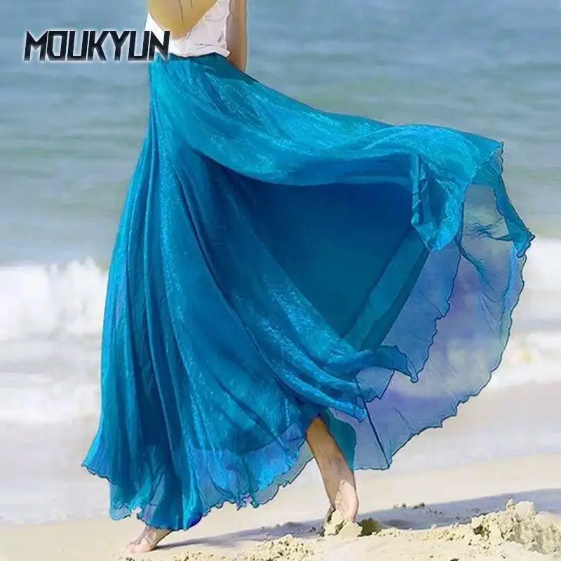 

Vacation Long Summer Beach Chiffon Wrap Cover Up Maxi Skirt For Women High Waisted Pleated Dancing Party Skirts