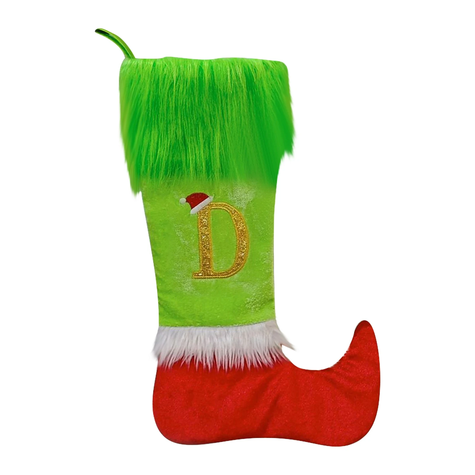 Medias navideñas Grinch Elf Boot Glitter Letter D Piel sintética Decoración para chimenea Medias de regalo Accesorio navideño