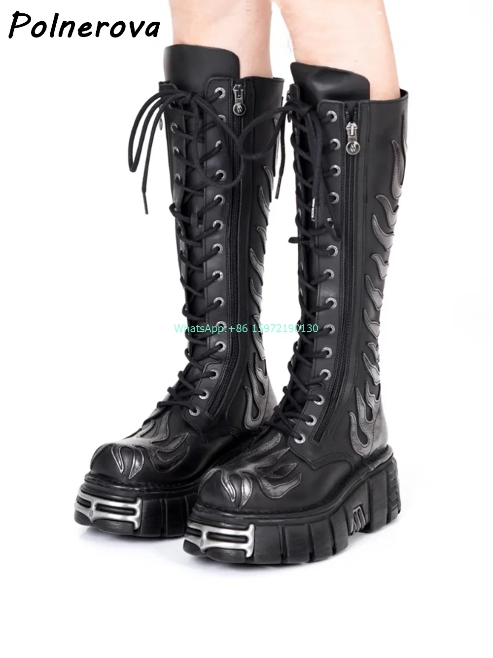 Metal Fire Dark Punk Boots Round Toe Platform Thick Soled Cross Tied Zipper Shoes Women's Fashion Cool Knee High Boots 2024