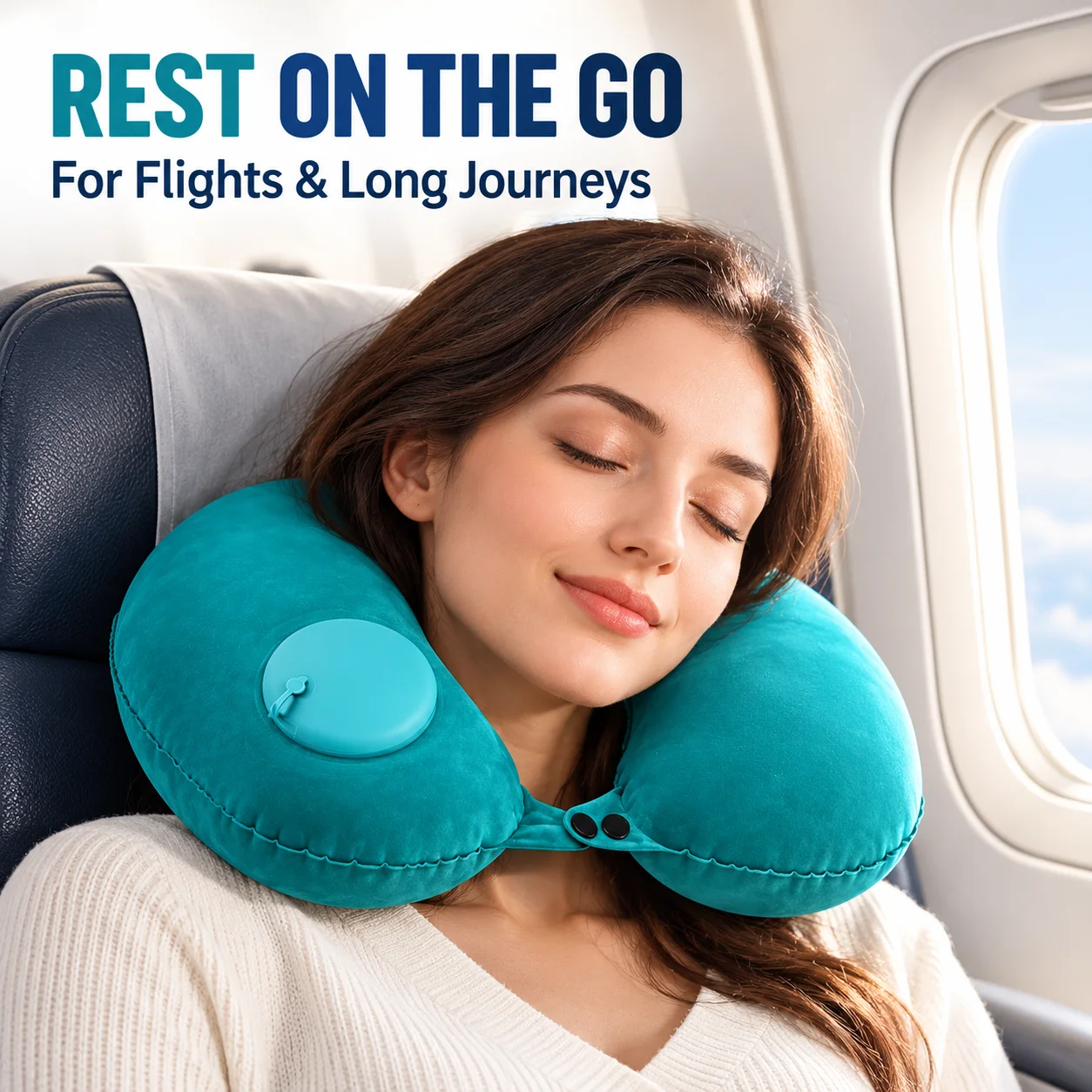 Inflatable Travel Neck Pillow U-Shaped Portable Foldable Cushion with Built-in Press Pump for Flights Office Rest Business Trips