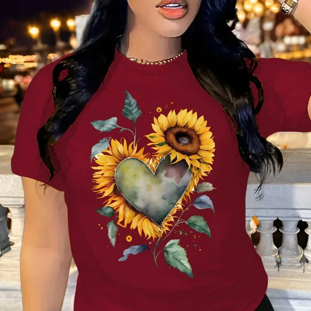 Dames zomer zonnebloem- en hartprint ronde hals korte mouw casual T-shirt grafische tees dames tops