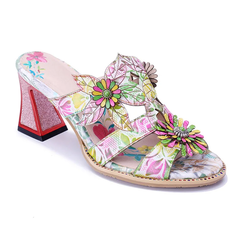 Fashion Floral Printing Leather Sunflower Strange High Heels Slipper Woman Slip On Multi Slingbacks Street Mule Shoes