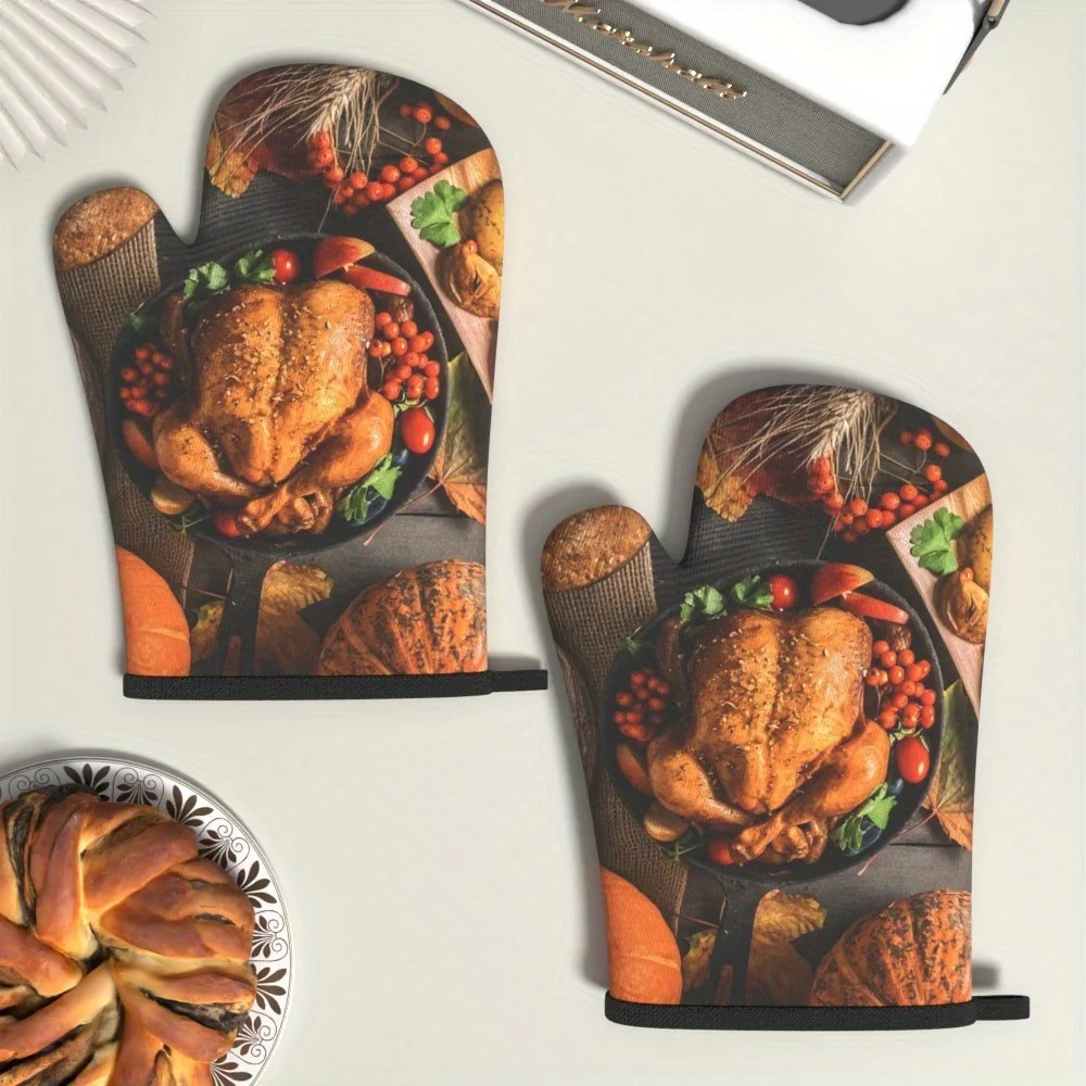 

2 шт., варежки для духовки на День Благодарения, термостойкие очень большие кухонные перчатки с дизайном жареных овощей на День Благодарения, Турция