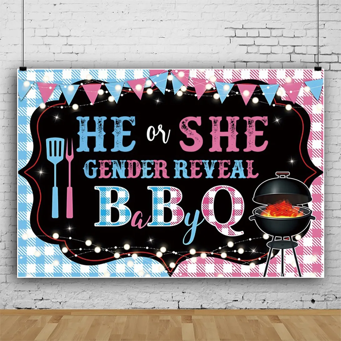 

He or She Vinyl Party Backdrop for Gender Reveal Decorations Blue Pink BBQ Theme Photo Background Props Baby Shower Decorations