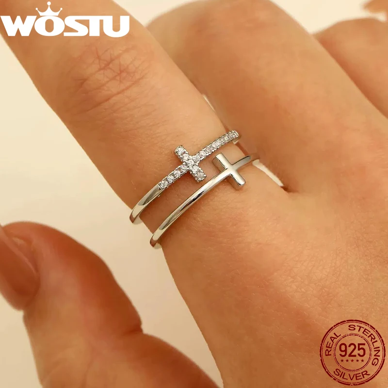 

WOSTU Moissanite Double Layer Cross Ring For Women 925 Silver Party Jewelry Lad Diamond Staking Finger Rings Girl Cool Punk Gift