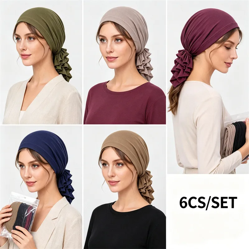 6pcs/set Ruffles Turban Jersey Inner Hijab Hat Women Muslim Headscarf Head Wrap Beanies Bonnet Stretch Chemo Cap Hair Loss Cover