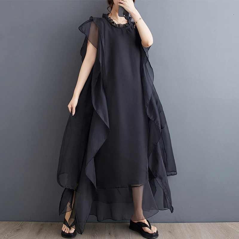 Tannt Women Dress Mesh Patchwork Asymmetry Sleeveless Black Dresses Irregular Loose Casual Summer Dresses Women 2024 New