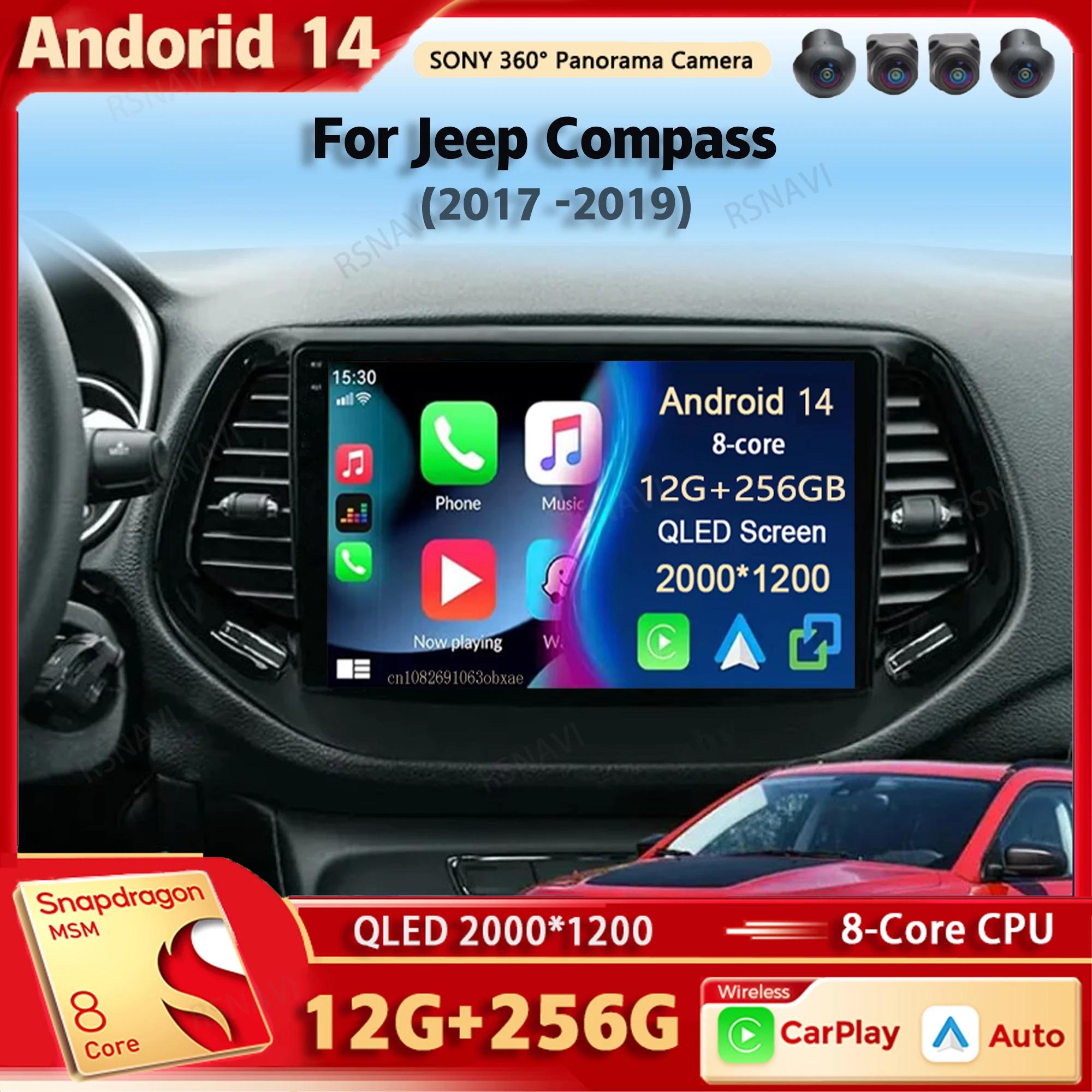 Lecteur de limitation d'autoradio Android 14 pour Jeep Compass, Carplay automatique, DSP, WiFi, 4G, voix AI, 2 Din, BT, GPS, 2017, 2018, 2019