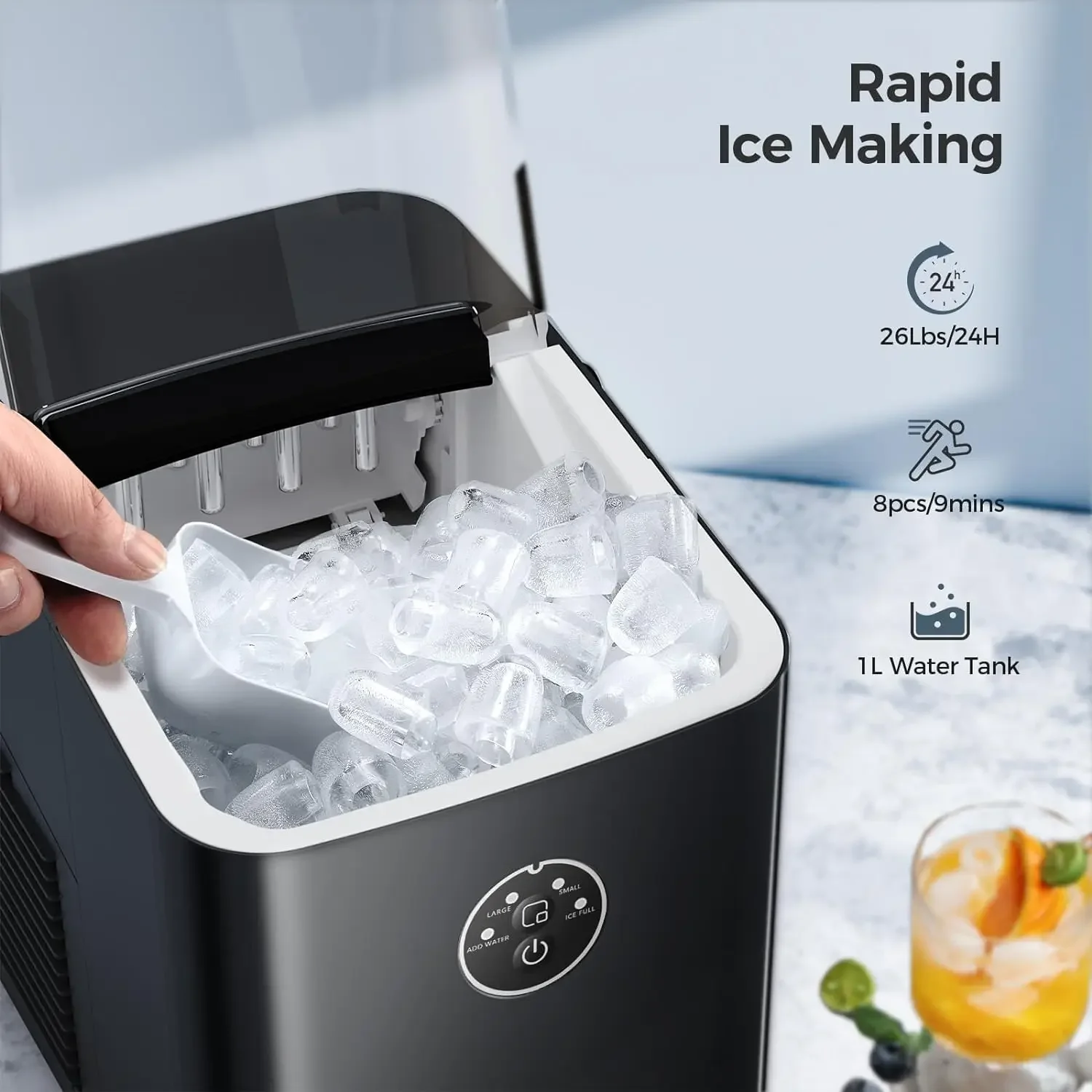 Máquina de gelo compacta moderna para bancada, Máquina de gelo conveniente, Produzindo 26lbs de gelo em 24 horas, Fast 9 Minute Ice Cub