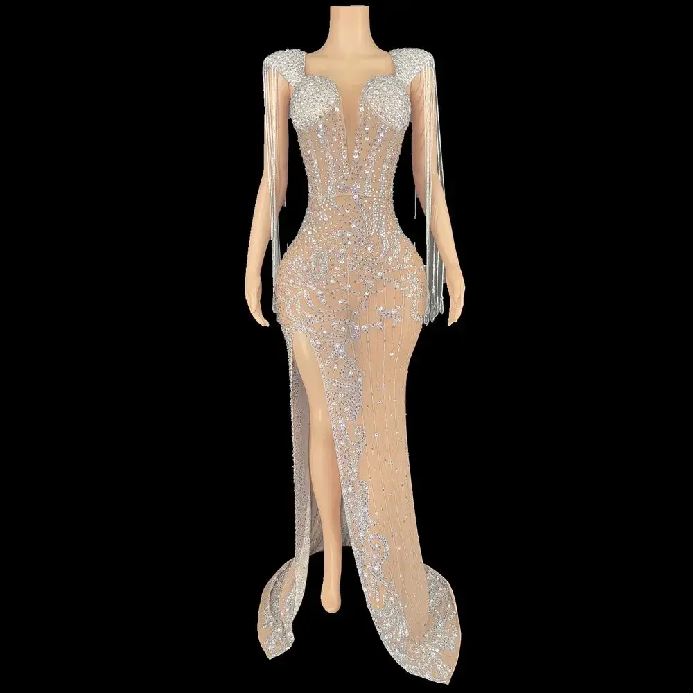 Women Sexy Mesh Fringes Sleeve Sparkly Rhinestones High Split Floor-length Dress Celebrate Birthday Wedding Evening Prom Dress