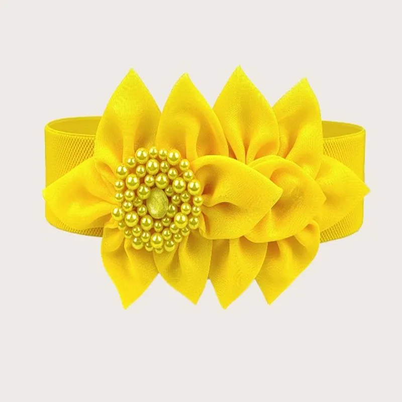 

Yellow Navy Blue Elastic Belt Women Korean Style Large Flower Decorative Fashionable All match Wide Waist Seal Dress Accessories