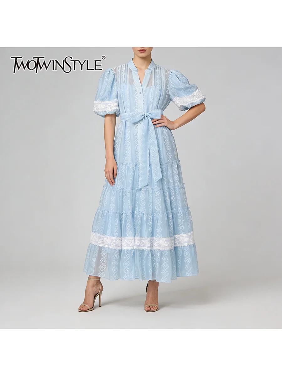 TWOTWINSTYLE Hit Stampa a colori Pieghe impiombate trasparenti Abiti casual per le donne Scollo a V Mezze maniche Patchwork Abito con lacci Donna