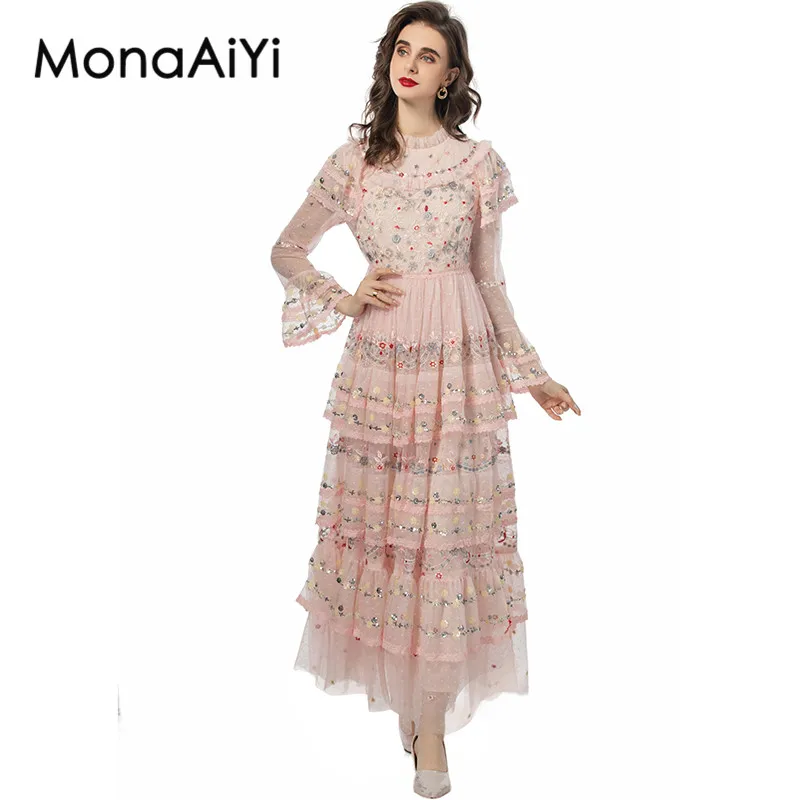 

MonaAiYi Spring Summer Women's Ball Gown Dress Stand Collar Flare Sleeved Mesh Embroidery Tiered Ruffles Sequins S-4XL Dresses