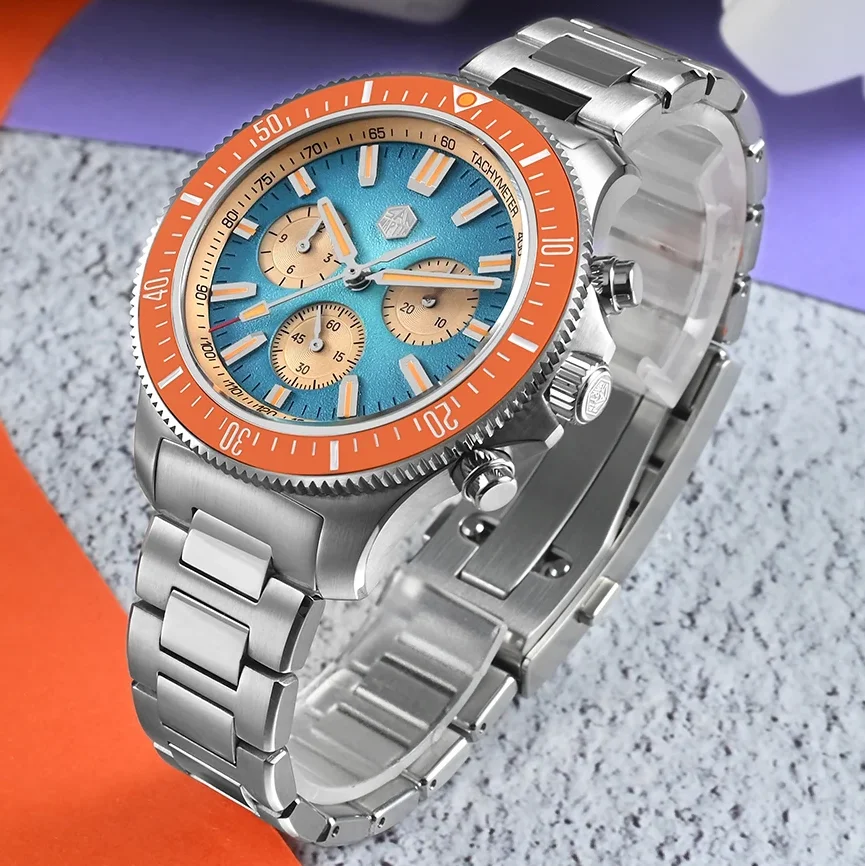 

San Martin Men Chronograph Watch 40mm Automatic Mechanical Wristwatch 200m Waterproof Luminous Sapphire Mirror Peacock SL-4801
