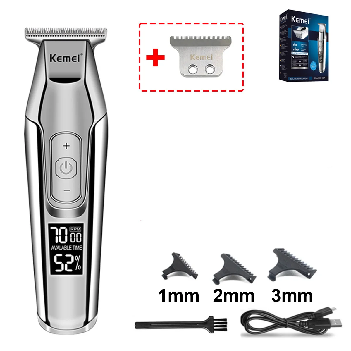 Kemei KM-5027 Professioneller Haarschneider für Männer, LCD-Display, Haarschneidemaschine, 0 mm, kabellose Haarschneidemaschine, USB-Aufladung