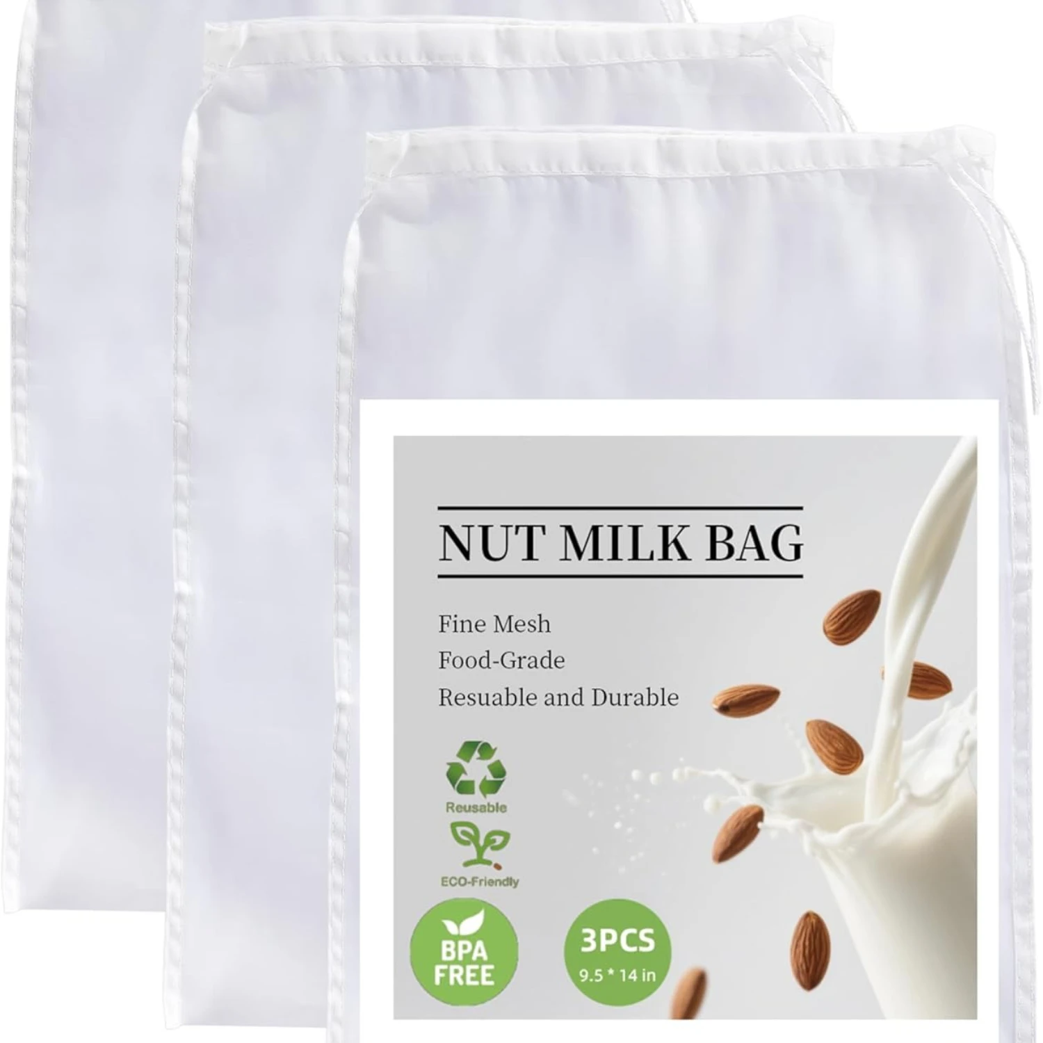 Saco de leite de porca reutilizável de 3 pacotes, saco de pano de queijo de náilon de qualidade alimentar para coar, sacos de filtro de malha fina forte com cordão
