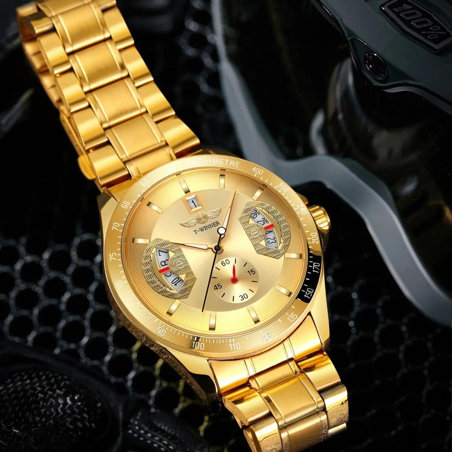 WINNER Sports Gold Automatic Watch for Men Date Display Luminous Hands Stainless Steel Strap Top Brand Luxury Mechanical Watches