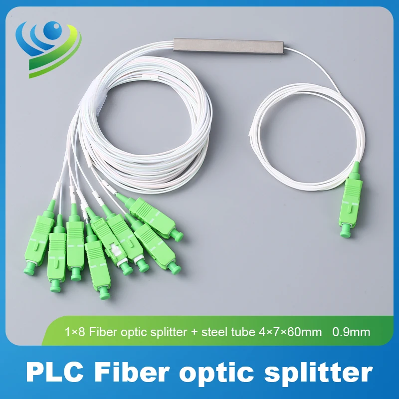 1X8 Glasvezel Splitter 0.9Mm Sc/Apc Connector Single Mode Plc Fiber Optic Splitter Stalen Buis Type