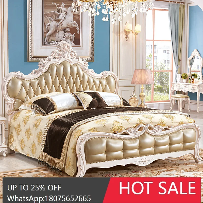 

SGF European Style Genuine Leather Bed Luxury Solid Wood Vintage Double Wedding Bed