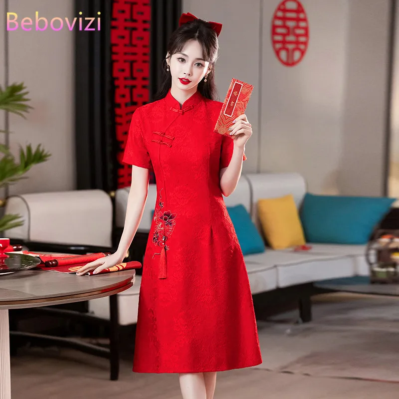 New Chinese Style Red Embroidered Qipao Dinner Party Dress New Modern Improved Lace Cheongsam Plus Size 3XL 4XL