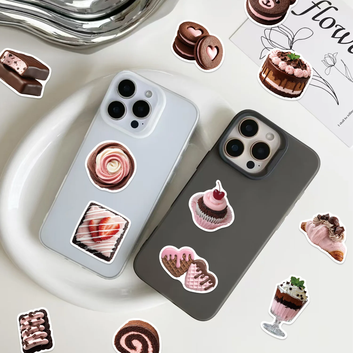 50 PCS Ins Style Cartoon Pink Brown Dessert Food Stickers Decorate Fridge Cabinet Lunch Box Water Cup Phone Case Removable Decal view 5