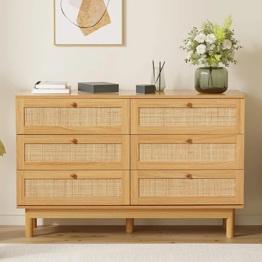 خزانة ذات 6 أدراج من الروطان لغرفة النوم 47.2 خزانة ذات أدراج من الروطان مع حامل تلفزيون مزدوج للتخزين لخزانة غرفة المعيشة Ha