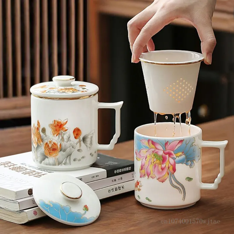 Hand-painted Landscape Pattern Series Tea Water Separating Ceramic Office goat fat Jade Porcelain Belt Cover Filter Mug, Tea Cup