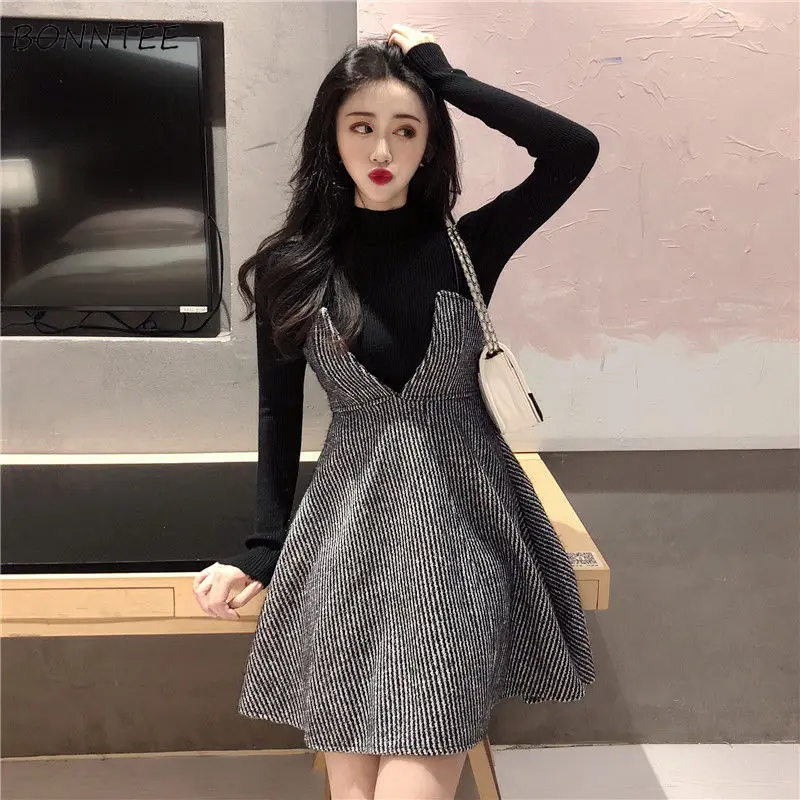 Dress Sets Women Elegant All-match Korean Style Office Lady Suspenders Soft Fashion Knitting A-line Sweater Leisure Popular