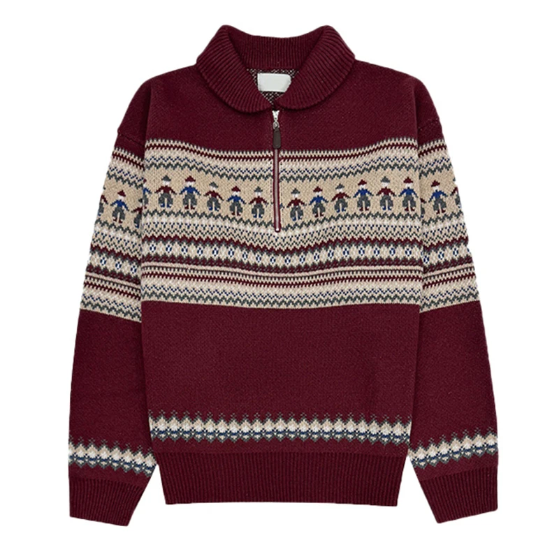 2025 Otoño Invierno nuevos jerseys de punto informales para hombres suéter de punto con estampado de patrón Vintage Tops para hombres suéter con cremallera de solapa de moda